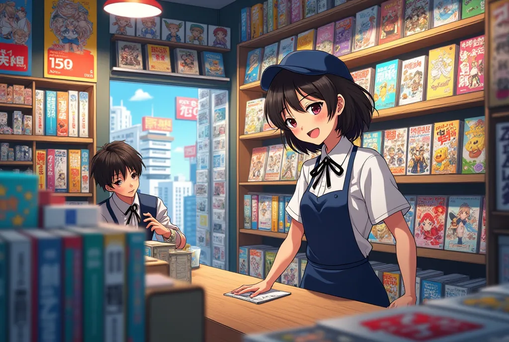 Akihabara big Manga store with only a young man cashier, anime art style