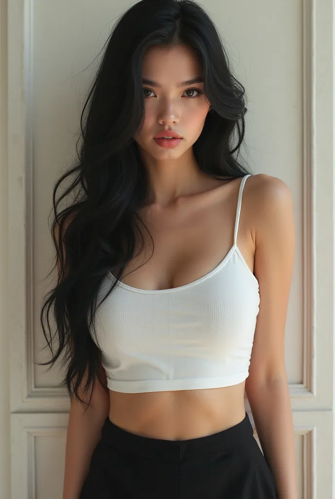 Beautiful sexy girl with long hair,  smooth and black, wearing a white cropped and a black skirt