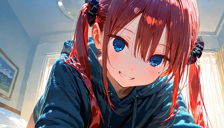 masterpiece , best quality, 1girl, medium length and tied into twin pigtails on both sides, round eyes, black scrunchie, bangs,hair between eyes, red hair, blue eyes eyes, mole under left eye, 16-year-old, hoodie, looking at viewer, smiling, in the room, h...