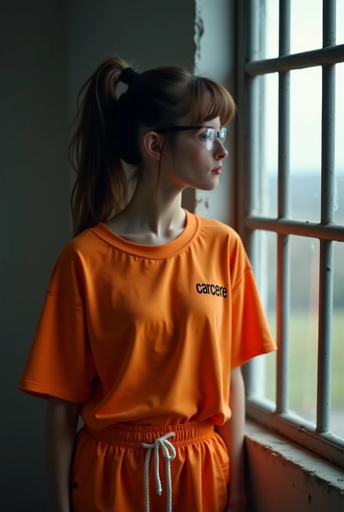 Realistic photography of a young woman who is confined in a prison cell. The young woman is standing at the window, looking outside, with tears in her eyes. The young woman is thin. The young woman wears glasses. The young woman has "chocolate cherry" hair...