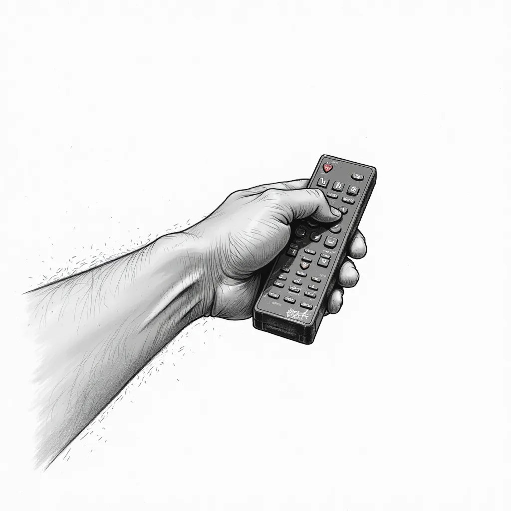 
"A highly detailed sketch-style illustration of an arm holding a TV remote, with the finger pressing the power-off button, viewed from a first-person perspective. The drawing is monochromatic, featuring expressive linework and shading through hatching to ...