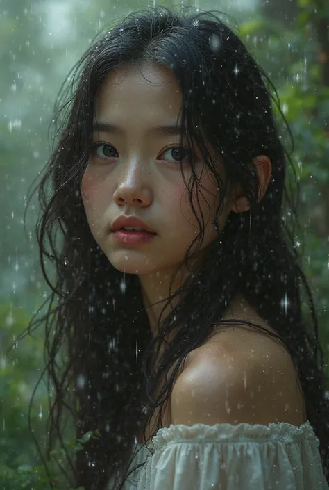 Beautiful girl with long hair is sitting contemplating the rain