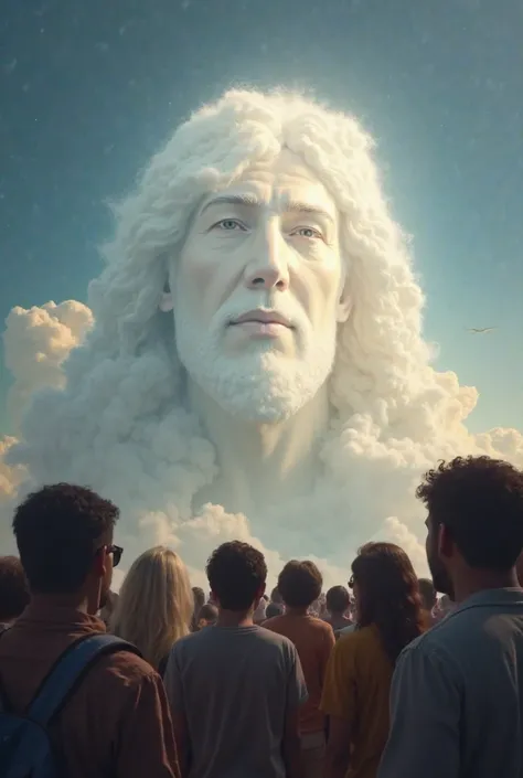 Image and another realistic, 8k, people look at the sky excited because I am seeing a cloud shaped exactly like the face of Jesus Christ and a strong light shines inside this cloud