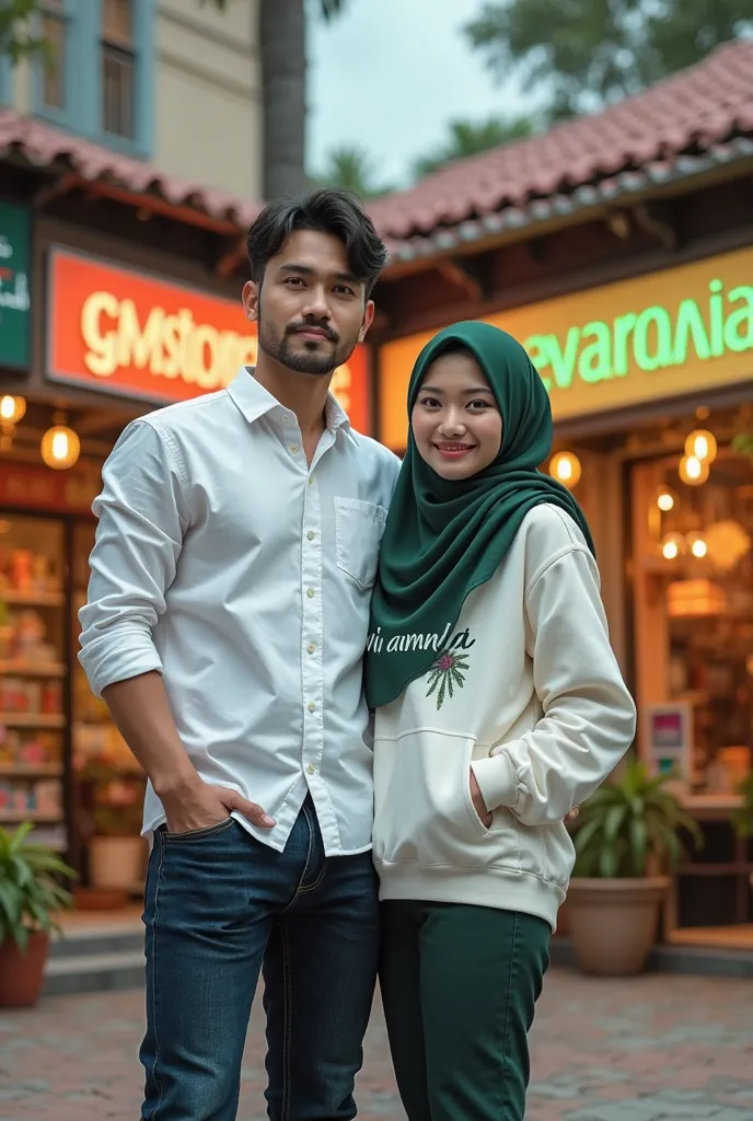 A photo of a man and a woman standing in front of 3 shophouses. The shop on the right has the sign 'GMstore,' the shop in the middle has the sign 'SVARNA,' and the shop on the left has the sign 'Sinar Jaya.' The man is wearing a white shirt and dark blue j...