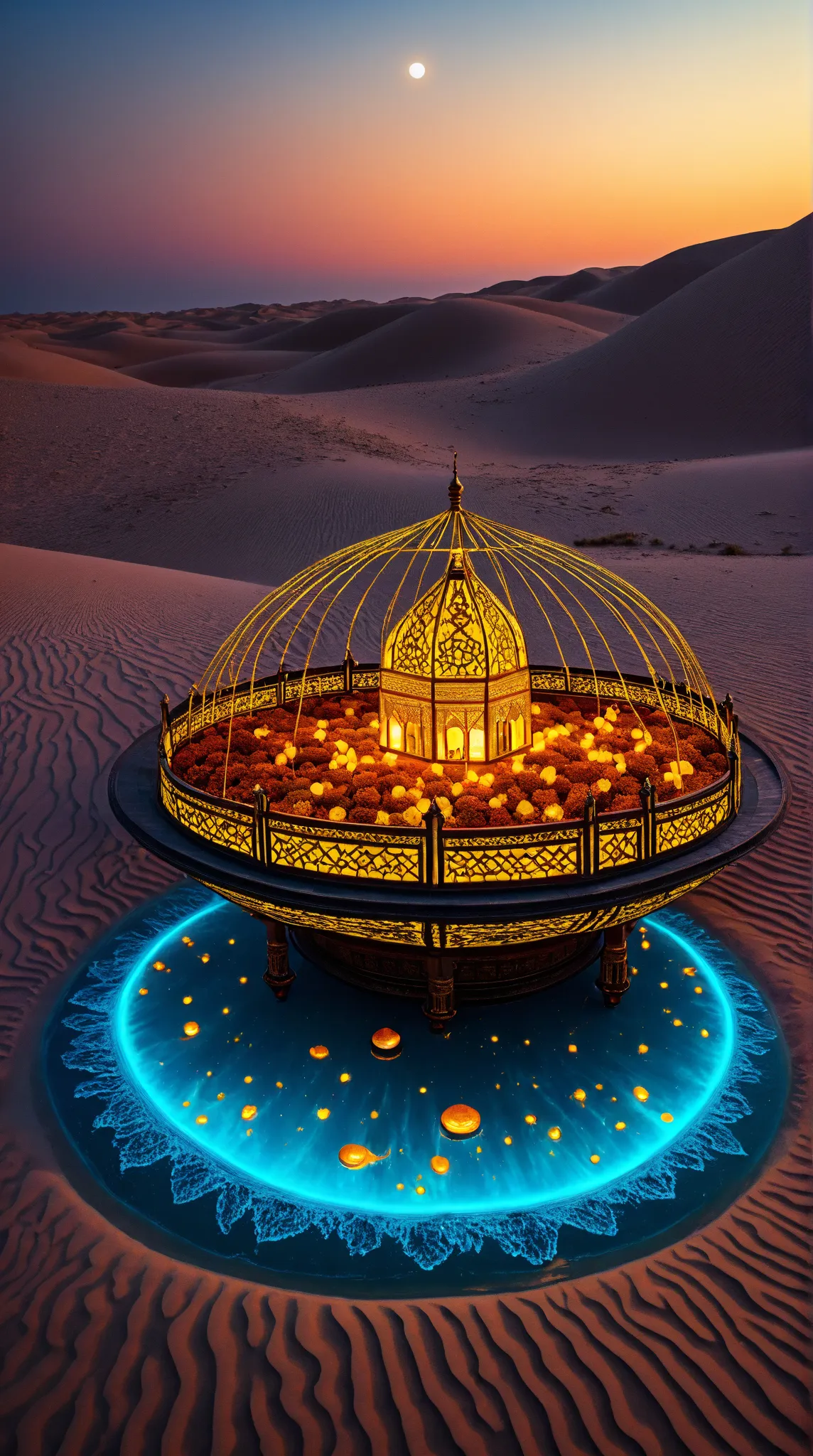 **AI Art Prompt (1,300 characters):**  
"Surreal Ramadan dreamscape beneath a **celestial crescent moon**, forged from **ancient Arabian gold** and engraved with *Kufic* prayers. Its glow spills *Zamzam-blue light*, illuminating **((رمضان كريم))** in bold ...