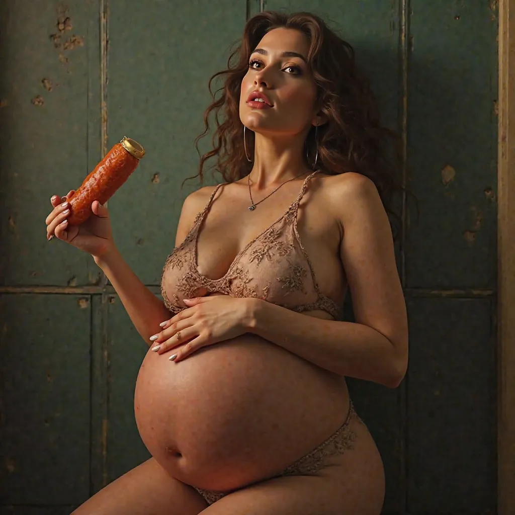 Gorgeous woman swallows doner kebab completely and gets big belly and grows upwards, pregnant Belly, 