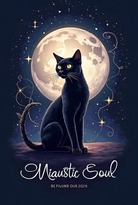 1. ** Key Elements**:
   - **a cat**:  In the center of the image , a cat stylized,  with glowing eyes (As se refletissem as estrelas). It may be seated in an elegant pose, with the whiskers highlighted.
   - **moon and stars**: Behind the cat , a bright f...