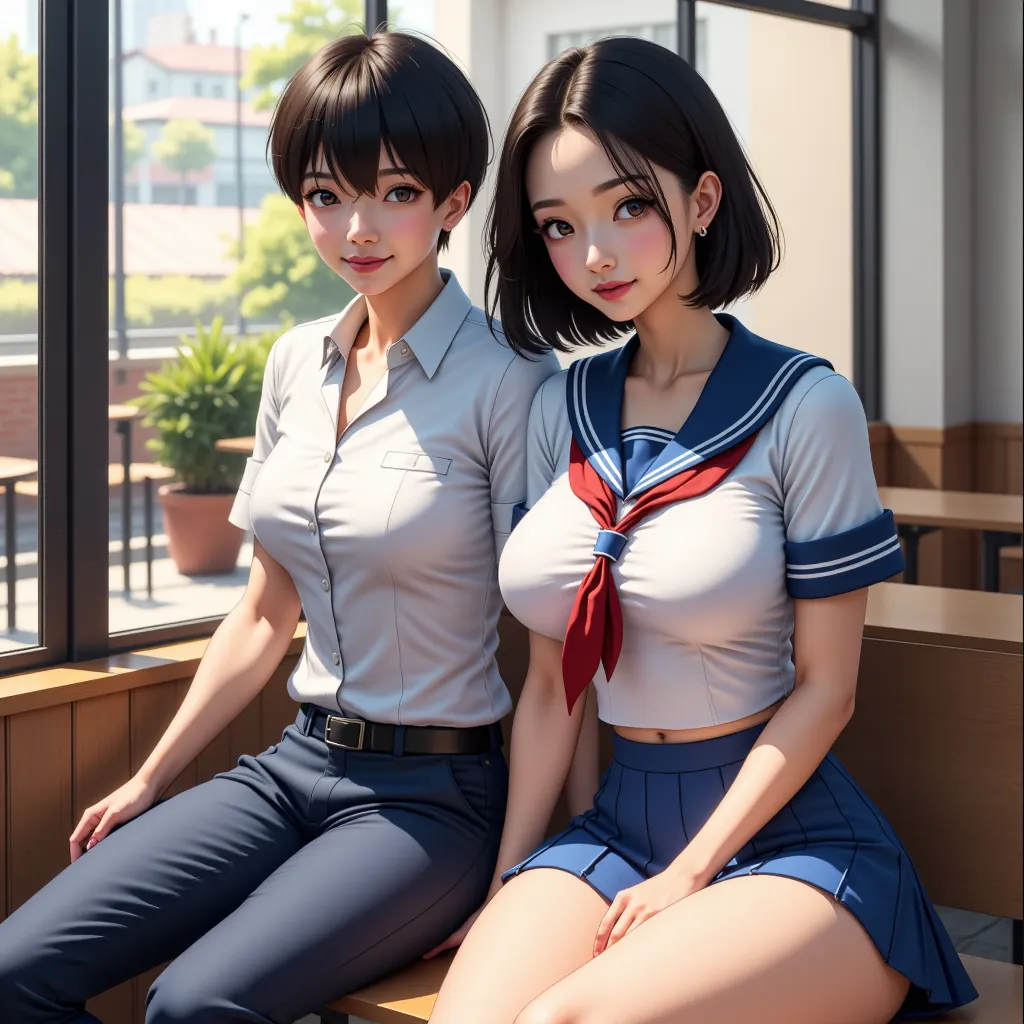 Real man and woman sitting next to each other。It's a couple。students taking classes next to each other。The background is school。Women are beautiful。wearing a sailor suit。 black hair。It's a woman with big breasts。smiles。The man is a handsome guy。Wearing a s...