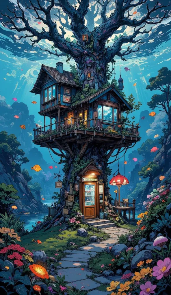  underwater jungle and lots of tree houses, Telephone Box , vending machine,signs and signs lying down,signal machine,stand,Very small submarine,Flower Field,digital artで青や緑のグラデーションを使い水中の透明感を表現,drawing streaks of light shining in from the surface of the wa...