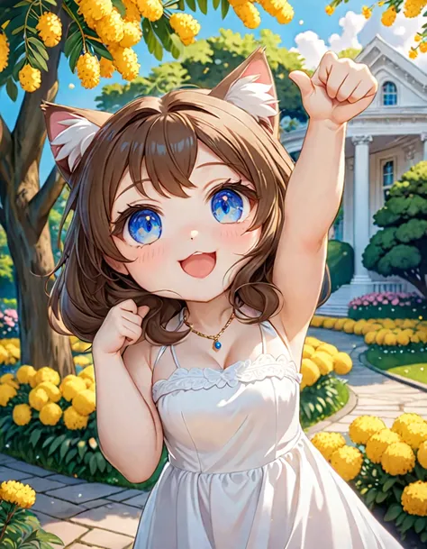  cat girl, chibi, in a snow-white gorgeous princess dress, Crown on head, necklaces, brown hair, blue eyes ,  princess,  reaches for the , that hangs on a tree, blooming mimosa, Rendering, Арт на фоне anime,   pixiv  , милая anime-девушка с кошачьими ушкам...