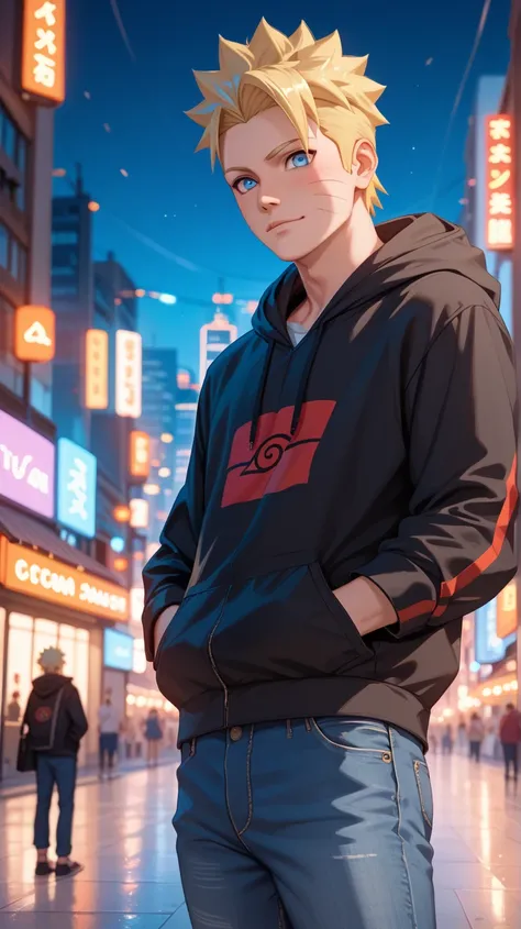 Score_9, Score_8_up, Score_7_up, Score_6_up, Score_5_up, Score_4_up, Tag1, Tag2, Quality_masterpiece, Absurd res, 1boy, Anime style, Naruto Uzumaki, Blond spiky hair, Blue eyes, Whisker marks, Casual outfit, Hoodie and jeans, Relaxed expression, Urban sett...