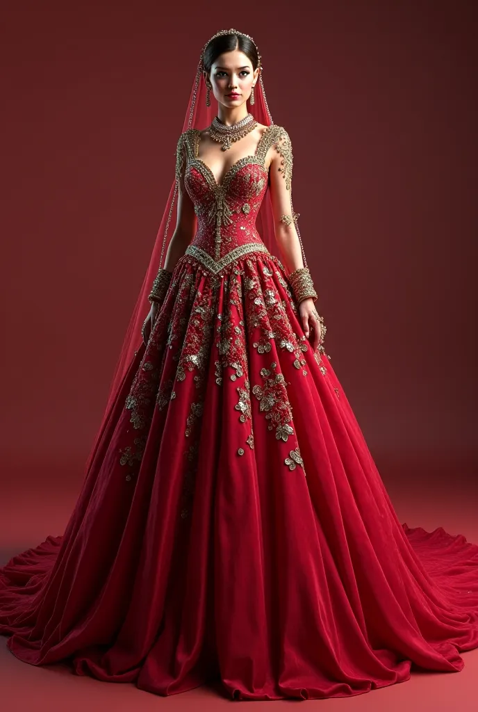 Here’s a detailed design concept for your dream red and maroon bridal ball gown with intricate embroidery and 3D floral details:


---

Bridal Gown Concept

Silhouette:

A luxurious ball gown with a voluminous, layered skirt that cascades dramatically.

Mu...