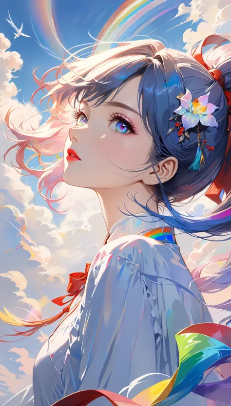 Chinese woman, close-up of face, soaring female image **** of ribbon, smoking, in the sky, bright colors, mysterious colors, modern impressionism, portraiture Yanjun Cheng, rainbow painting, 3/4 perspective view, lovely face, low angle, wide rotation compo...