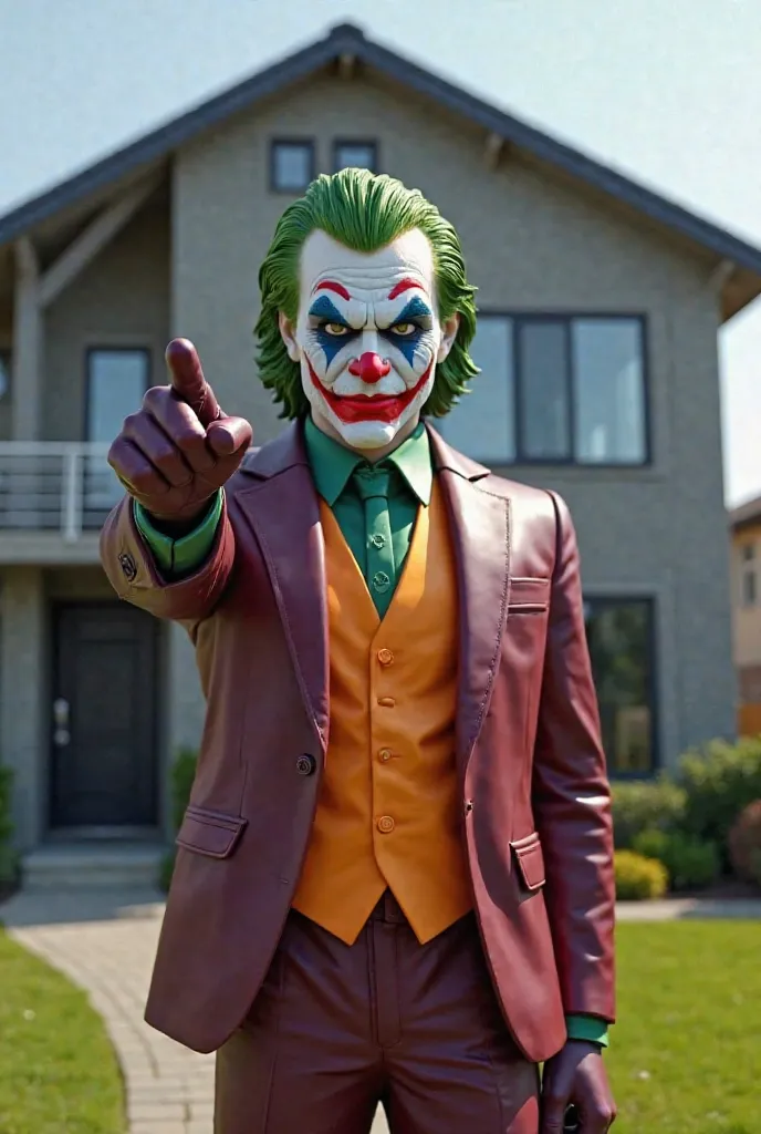 8k realistic ultra HDR A large, detailed statue of the Joker character from DC comics. The figure is positioned in the center of the image, facing the viewer and pointing a finger directly at the camera.  The Joker is depicted as a Caucasian adult male, we...