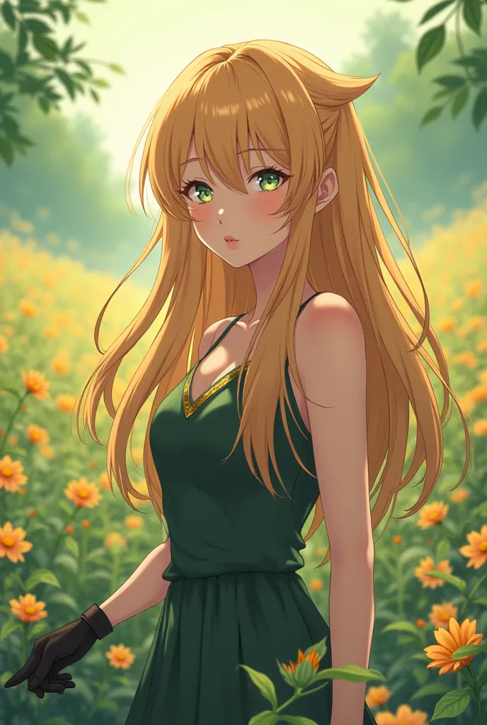 Girl with honey-colored hair and eyes with a natural and beautiful beauty a dress that makes her highlight black gloves ( anime style demon slayer) This stop in a field of flowers 