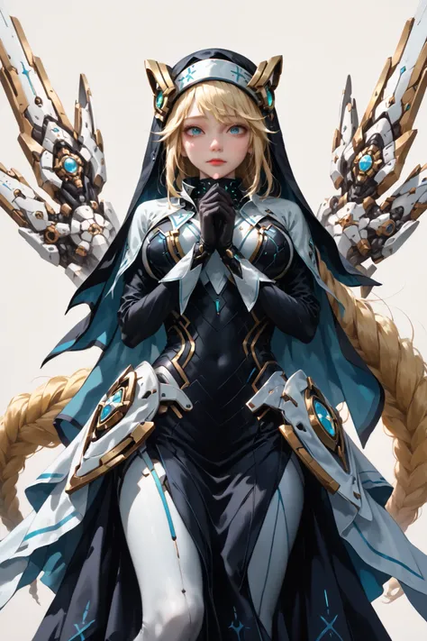 Rapunzel (Nod), blond hair, High Resolution, 1 girl,  nun,  blue eyes, habit, very long hair with underarm hair,  looking at a viewer with open arms and legs, Absard dress, black gloves, standing, white background,  reinforced exoskeleton, simple backgroun...