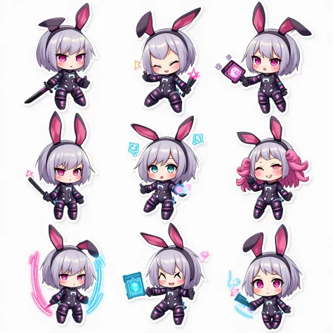 A collection of 9 chibi-style anime cyberpunk bunny girls, each with unique poses and expressions. They wear sleek, futuristic bodysuits with glowing neon blue and pink accents, robotic bunny ears, and cybernetic details. One holds a tiny glowing katana, a...