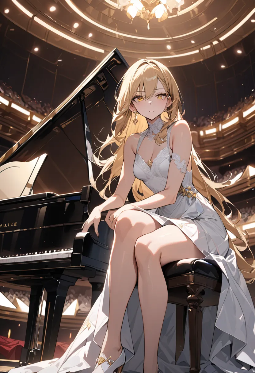 ((Greatest Masterpiece,Ultra High Quality:1.2)),(super resolution),(solo),opera house,Slender high school girl sitting on a chair and playing a grand piano on stage,beautiful faces, long golden hair,perfect golden eyes, serious expression,High quality whit...