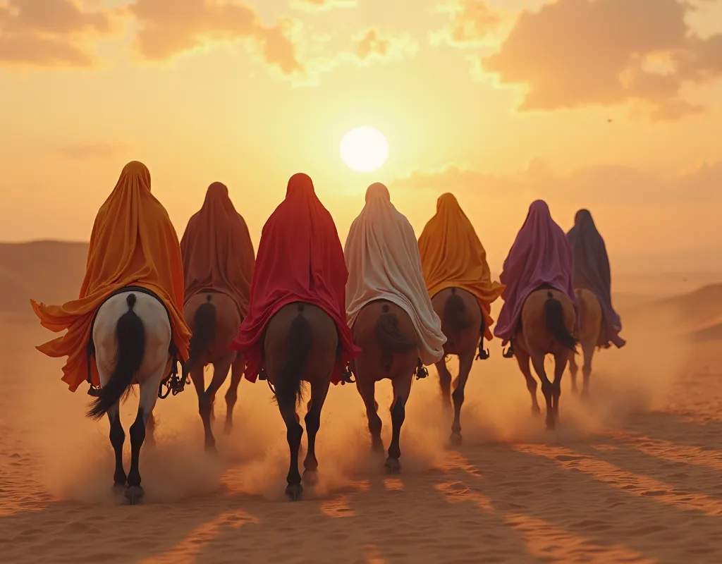 7 Horseman, wearing Islamic robe and hoodie, each in different colors, riding fastly in a desert towards the setting sun. image is from behind the horsemen,cinematic. 