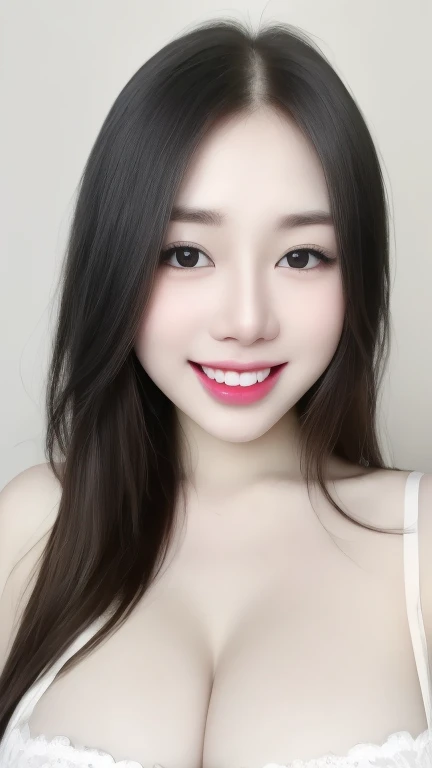 (realistic、masterpiece、Best Quality、8K、highres、high resolution:1.3)、a close up of a woman with a bra, smooth translucent white skin,grin smile, grin, white teeth, japanese goddess, really large bust, pale milky white porcelain skin, blonde goddess, gorgeou...