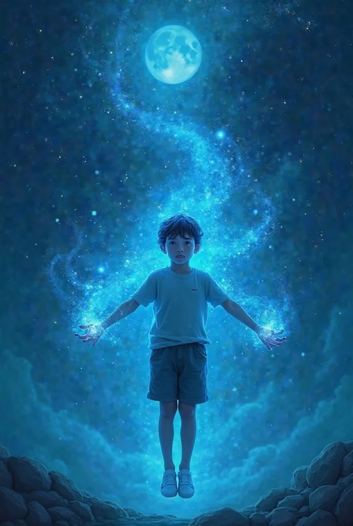 A boy is falling in the night light, releasing all of his blue magic.