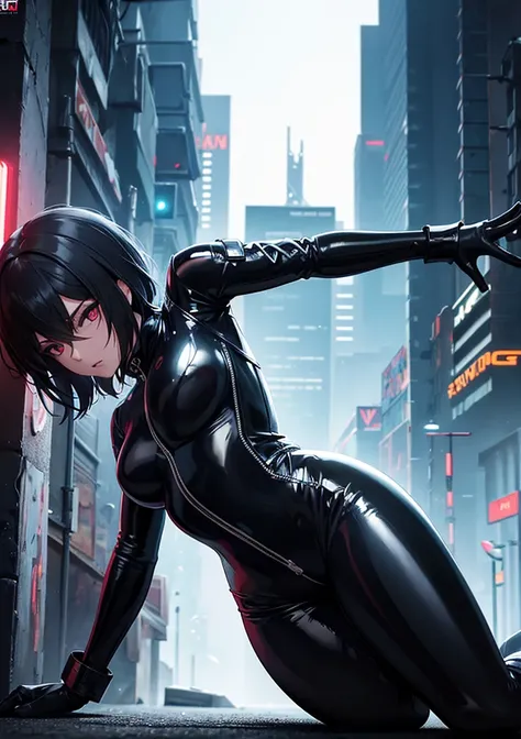 black PVC catsuit girl, cinematic lighting, intense expression, dramatic pose, dystopian cyberpunk setting, neon lights, advanced technology, gritty urban environment, moody colors, photorealistic, 8K, hyper-detailed, masterpiece