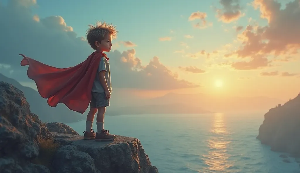 Imagine a  boy with tousled hair standing on a rocky cliff, his cape flowing in the wind as he gazes into the horizon. The background features a vast sky transitioning from deep blues to warm oranges, hinting at adventure and mystery. Soft light highlights...