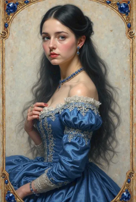 An antique-style oil on canvas painting for the cover of a book, depicting a young duchess from the 19th century. She has fair, porcelain-like skin and deep, captivating blue eyes that gaze softly to the side, as if lost in thought or observing something b...