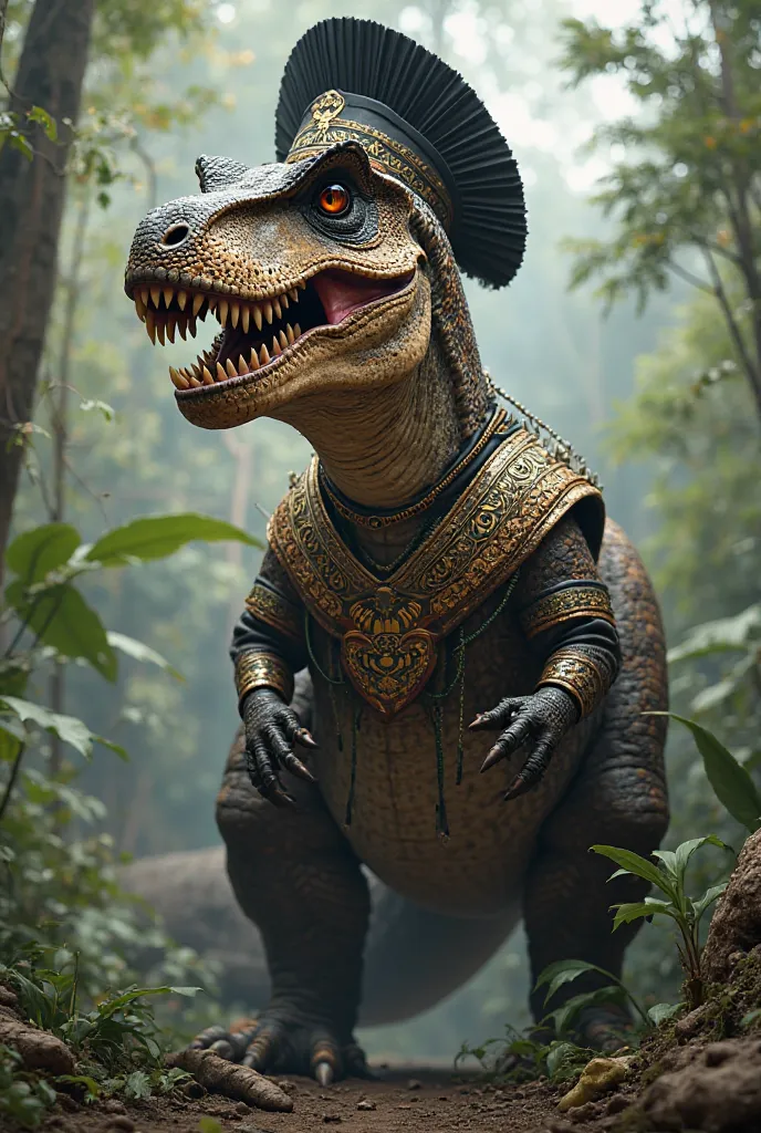 Trex wears a male songkok like a Malay male songkok and dresses like a Malaysian Malay warrior