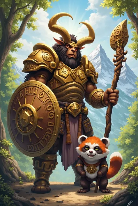 Create me a fan art image with a Paladin Tauren and a shaman Heal Panda with a stick