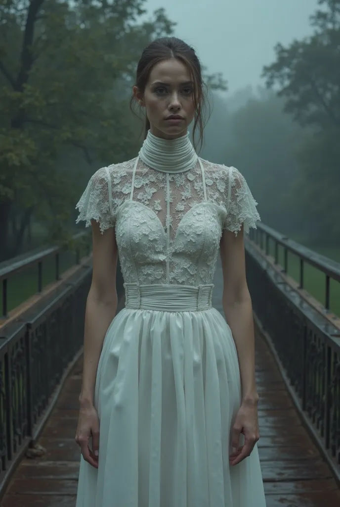 A beautiful woman with an extremely long neck. She wears a wedding dress ,  completely white, with a tight high collar, corrugated , that wraps around and covers her entire long neck. The fabric of the dress is made of delicate lace and satin, with short s...