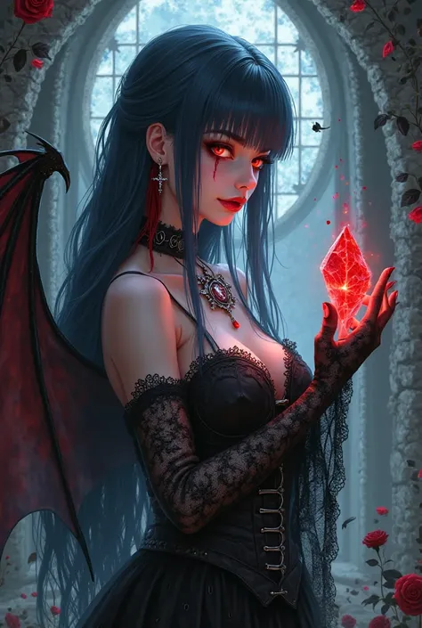 A gothic vampire with pale shimmering skin, like moonstone, red eyes with vertical pupils,  sharp fangs. Long blue-black hair up to the waist with a blood-red lock at her temple. Black lace dress with a low neckline,  leather corset with metal spikes , cho...