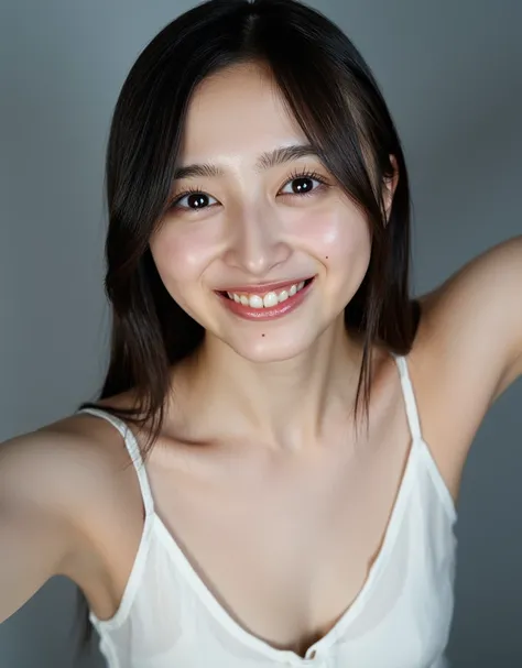 Facial close-up, High-angle, *The image is a portrait of a thin and small young woman posing for a photo. She has a short stature, Snow-white skin, Narrow shoulders. She is smiling at the camera. Her has dark long straight hair, and is wearing a sleeveless...