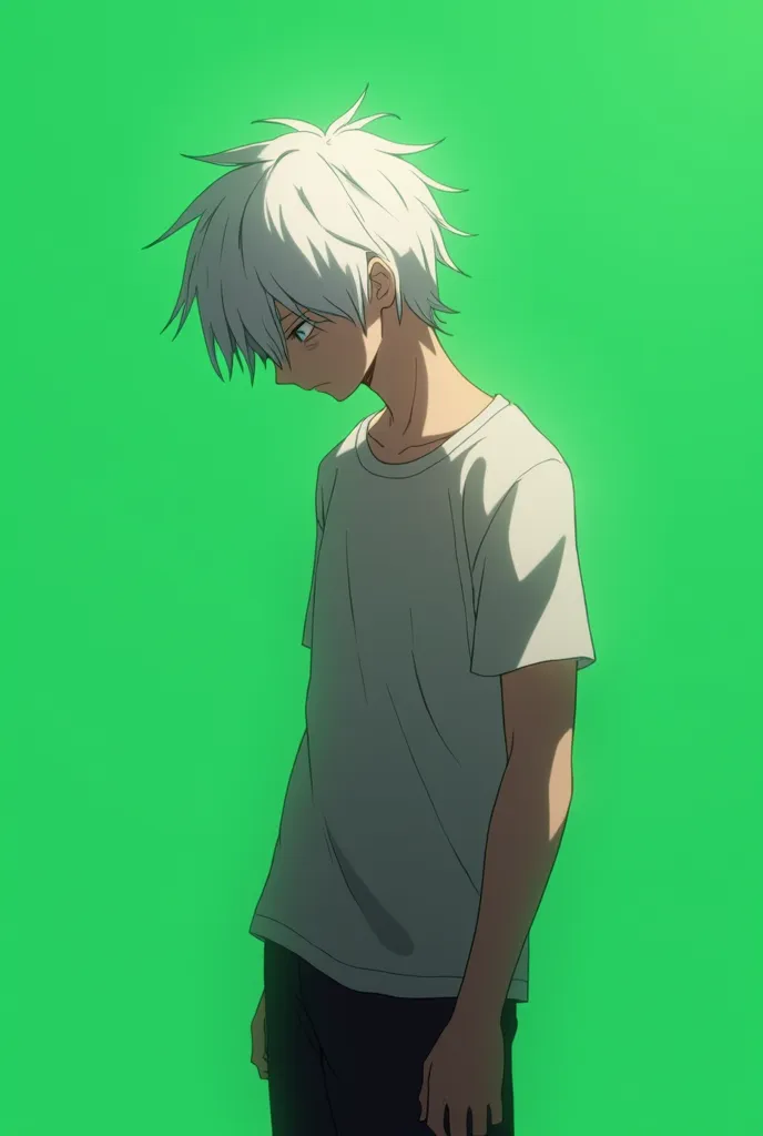 Here’s a prompt for the image:

"An anime character, a young man with white hair, standing with his head bowed in sadness. His expression is downcast, showing a sense of sorrow or contemplation. The background is a simple green screen, emphasizing the char...