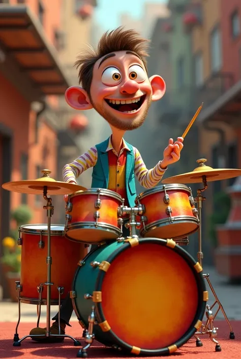 Create an image of a man playing Pixar-style drums 