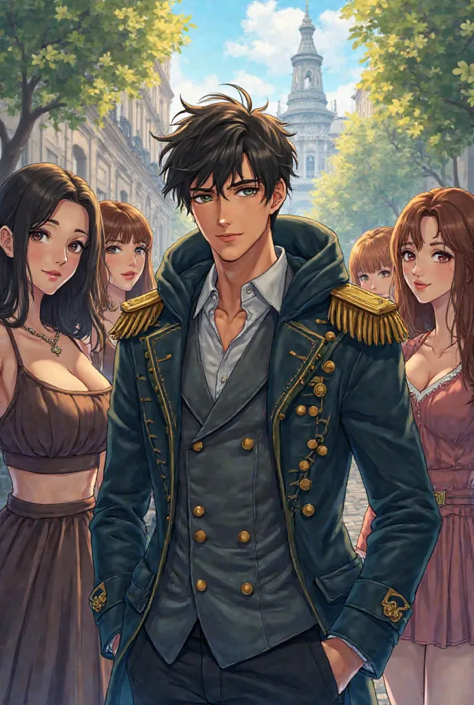 Anime adult boy who is wearing Men's Vintage-Inspired Military-Style Hooded Jacket, Beautiful ladies surrounding him in Paris schools 