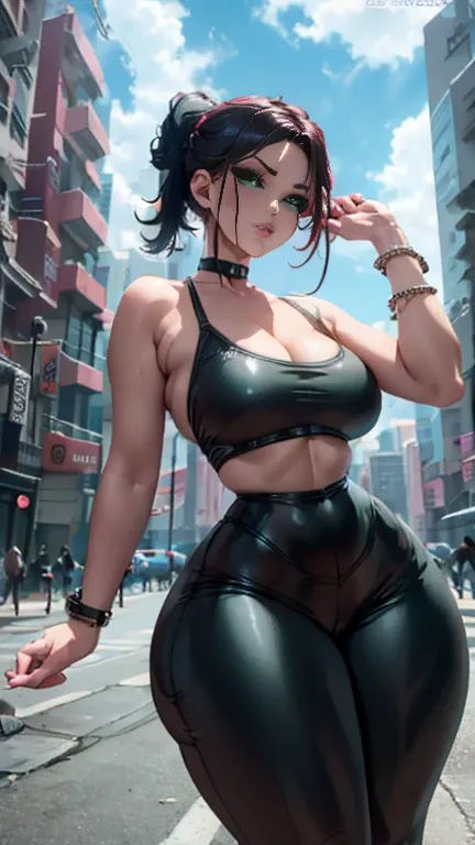 Beauty bimbo Asian girl,Cyberpunk ,olive tan,bronze tan,huge fake tits,narrow waist,huge round ass,wide buttocks,plump lips,wide hips,hourglass body type,flat belly,Small snub nose,big round green eyes,freckles,bright lipstick,undercut Mohawk dark green ha...