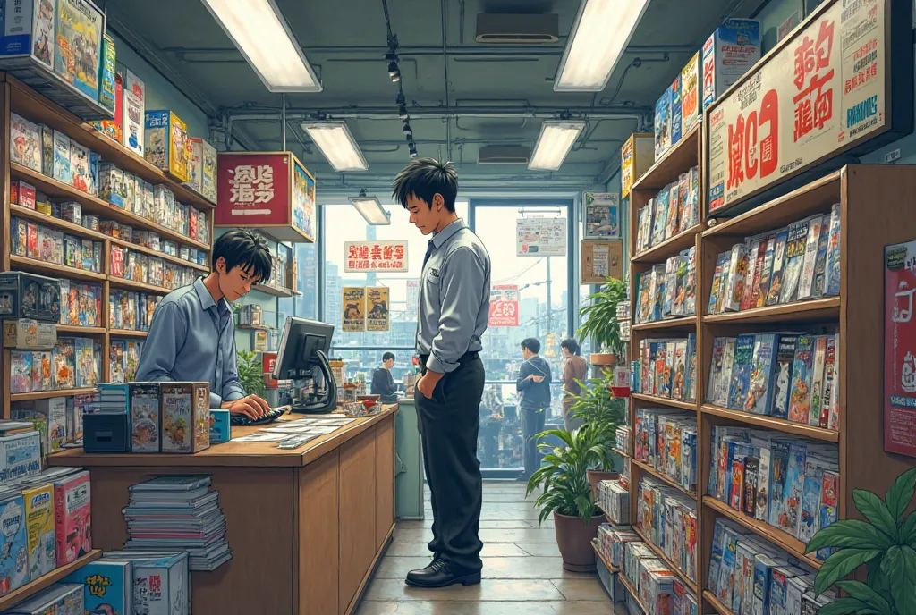 Akihabara big Manga store with a tired man cashier, anime art style