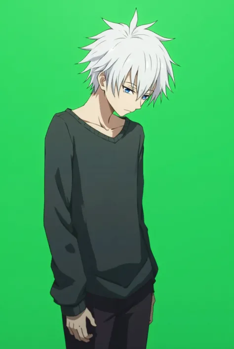 Here’s a prompt for the image:

"An anime character, a young man with white hair, standing with his head bowed in sadness. His expression is downcast, showing a sense of sorrow or contemplation. The background is a simple green screen, emphasizing the char...