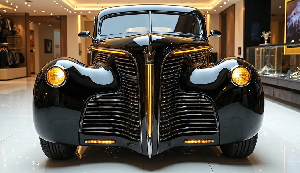 A full front-end view of a futuristic sports luxury 1940 Packard Super Eight sedan, painted in a pristine shiny black, showcased in an ultra-luxurious showroom with a gleaming white floor. The bold and aerodynamic design features sharp, angular lines, with...