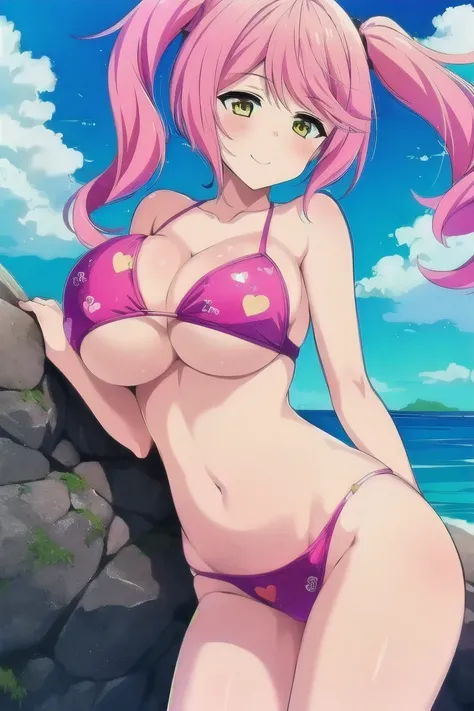 フィルフィ・アイングラム,( Masterpiece),( top quality),2D, anime, Anime art, line art , watercolor,loli, (1 girl:1.6),( yellow eyes) , ( pink hair), (mega breasts:1.8),(saggy breasts:1.4),(hanging breasts:1.4),(twin tails), (shy smile), blush,swim suit,(heart-symbol p...