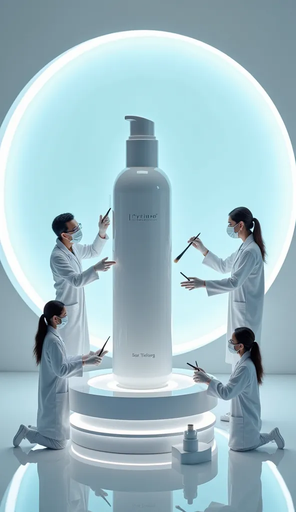 Create a surreal and visually captivating image featuring five miniature aestheticians, dressed in white lab coats, gloves, and masks, working meticulously around an oversized Lirene cosmetic product. The product is dramatically large, standing as the cent...