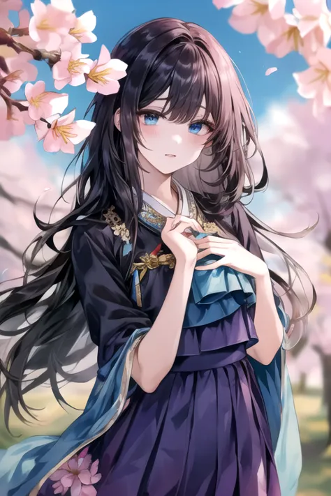 (((gfyuju ))), ((((black long hair)))), blue eyes, (((Hanbok1.5))), hanbok, Outstanding, Best Aesthetic, Best Quality, Masterpiece, Very Detailed, Masterpiece,  1girl , Alone, Blue Sky, Daytime, Flower, Cherry Blossom, Plum Blossom, Lilies, Beautiful Body,...