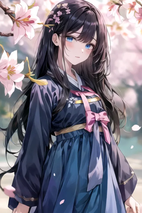 (((gfyuju ))), ((((black long hair)))), blue eyes, (((Hanbok1.5))), hanbok, Outstanding, Best Aesthetic, Best Quality, Masterpiece, Very Detailed, Masterpiece,  1girl , Alone, Blue Sky, Daytime, Flower, Cherry Blossom, Plum Blossom, Lilies, Beautiful Body,...