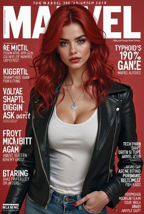 Create the cover of a fashion magazine with Marvel's Typhoid Mary, a real woman, hyperrealist, Hyperrealism as the protagonist of the cover and with background texts as if it were a real magazine..  outfit.  hyperrealism. live action magazine. Big breasts....