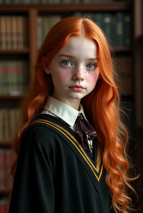 Harry potter Universe: daughter of Severus Snape and Lilly potter, , gorgeous, petite and delicate, with waist long ginger hair, beautiful big blue eyes, cute freckles across her cheeks and nose, ravenclaw uniform without robes, library, second character p...