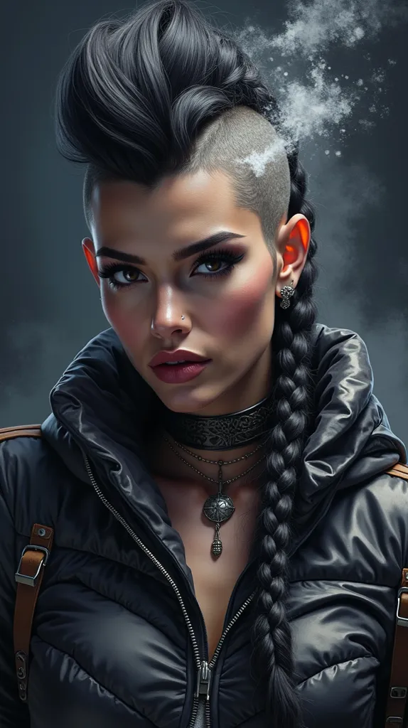 High-quality realistic acrylic art, bright colors, a woman with an exotic appearance, The woman is very sexy, long black hair combed into a modern hairstyle, the mohawk is braided on top in a Viking braid,  detailed face, detailed lips, detailed eyes, you ...