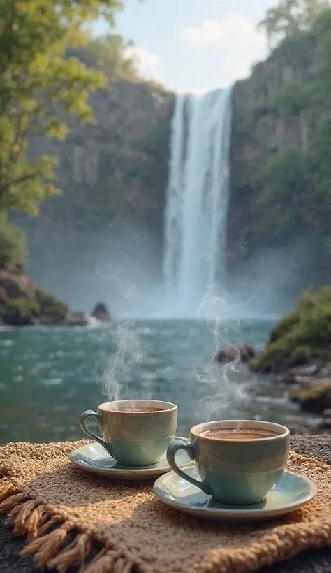 
"Un moment de sérénité au bord d'une rivière, avec deux tasses de café fumant reposant sur une couverture tissée. Les chutes d'eau majestueuses en arrière-plan ajoutent une touche de nature sauvage à cette scène paisible. L'air frais et l'atmosphère apais...