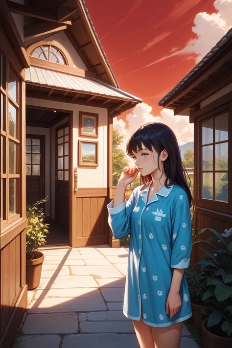 Woman in her 20s with long black hair in pajamas looking out on the veranda with the ultramarine blue and red sky at dawn