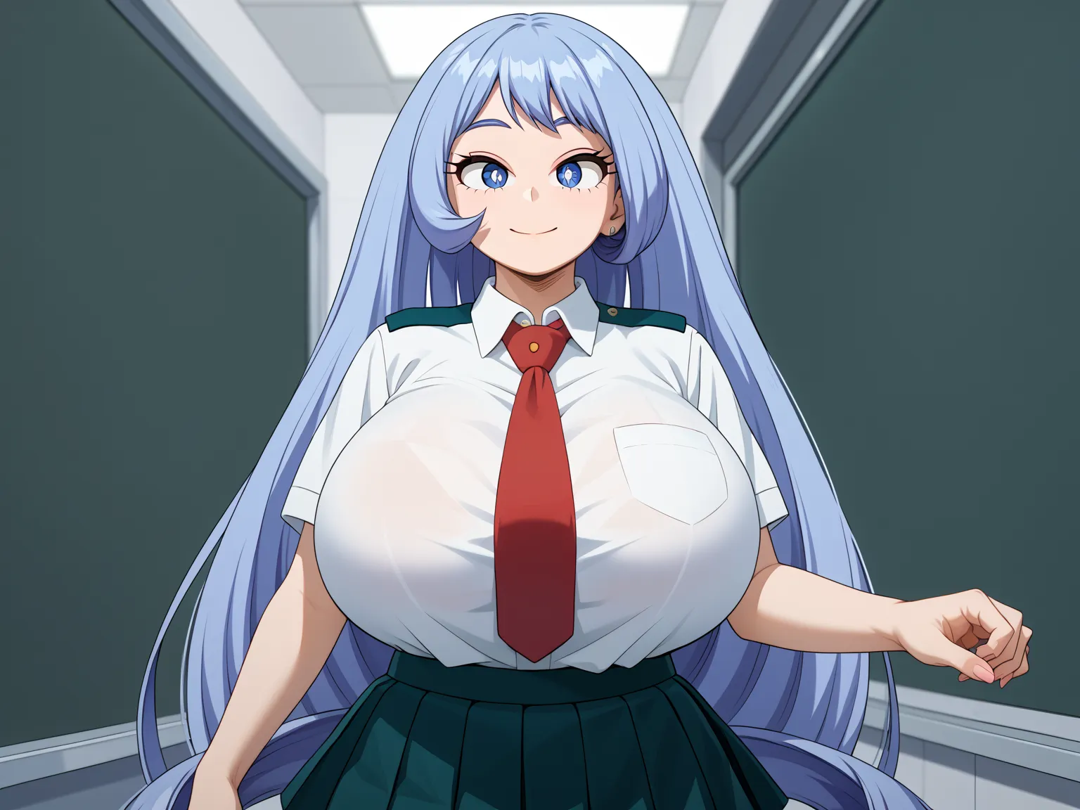 (UHD, retina, masterpiece, accurate, anatomically correct, super detail, high details,   highres, 1080P, 16k、high detail RAW color art:1.3)、 (nejire hadou:1.3)、(blue eyes, blue hair, long hair:1.3)、(very gigantic breasts:1.5)、(shiny skin:1.3)、(necktie, ple...